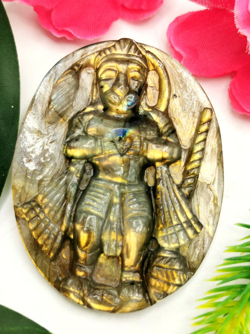 Labradorite Plate Carving of Lord Hanuman with golden flash | Bajrang Bali statue | Reiki/Chakra/Healing in gemstone and crystals - 2.5 in