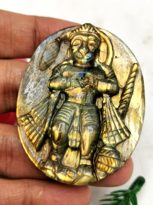 Labradorite Plate Carving of Lord Hanuman with golden flash | Bajrang Bali statue | Reiki/Chakra/Healing in gemstone and crystals - 2.5 in