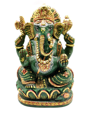 Green Aventurine Handmade Carving of Ganesh - Handpainted Lord Ganesha Idol in Crystals and Gemstones - Reiki/Chakra - 7 inch and 1.69 kg