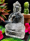 Clear Quartz/Clear Crystal Buddha - handmade carving of serene and meditating Lord Buddha - crystal/reiki/healing - 4.5 inches and 305 gms