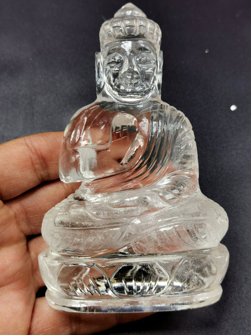 Clear Quartz/Clear Crystal Buddha - handmade carving of serene and meditating Lord Buddha - crystal/reiki/healing - 4.5 inches and 305 gms
