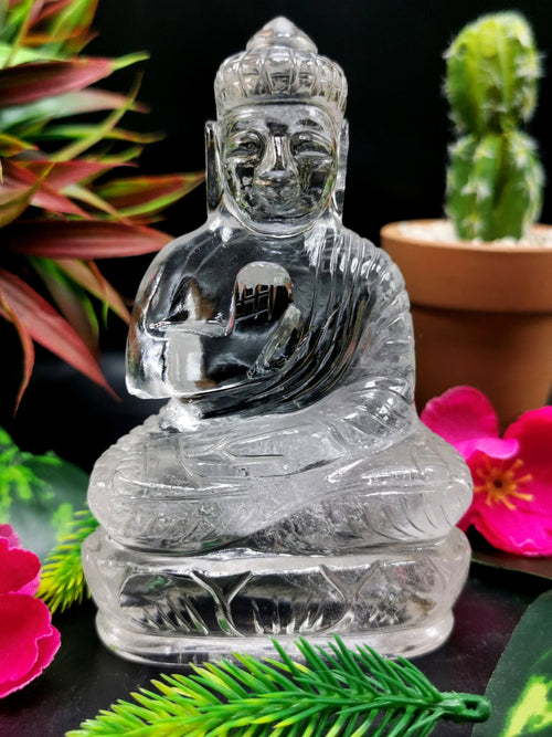 Clear Quartz/Clear Crystal Buddha - handmade carving of serene and meditating Lord Buddha - crystal/reiki/healing - 4.5 inches and 305 gms