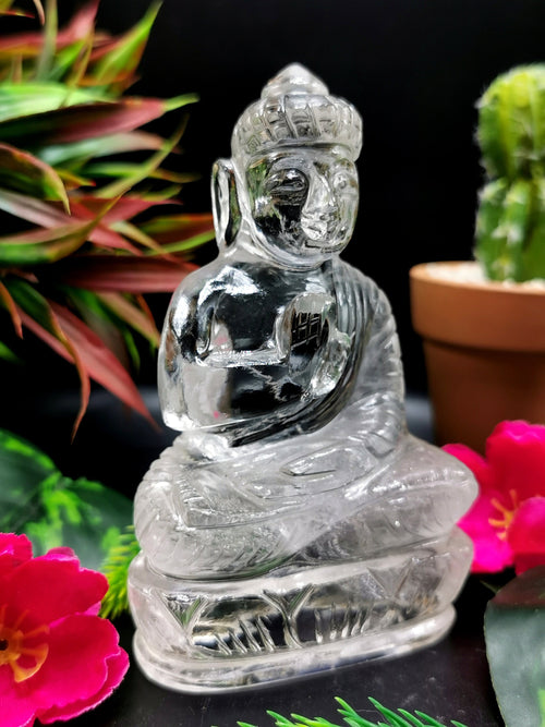 Clear Quartz/Clear Crystal Buddha - handmade carving of serene and meditating Lord Buddha - crystal/reiki/healing - 4.5 inches and 305 gms