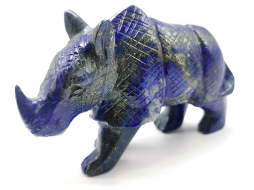 Beautifully hand carved rhinoceros carving on natural lapis lazuli stone - reiki/energy/chakra - 6 inches long and 755 gms (1.66 lb)