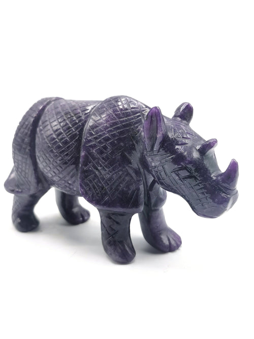Beautifully hand carved rhinoceros carving on natural lepidolite stone - reiki/energy/chakra - 6 inches long and 720 gms (1.58 lb)