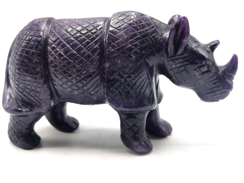 Beautifully hand carved rhinoceros carving on natural lepidolite stone - reiki/energy/chakra - 6 inches long and 720 gms (1.58 lb)