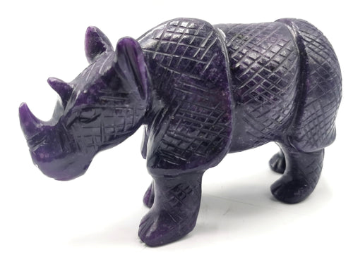 Beautifully hand carved rhinoceros carving on natural lepidolite stone - reiki/energy/chakra - 6 inches long and 720 gms (1.58 lb)