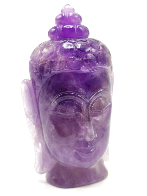 Amethyst Buddha Head - handmade carving of serene and meditating Lord Buddha face - crystal/reiki/healing - 5.2 inches and 0.58 kg (1.28 lb)