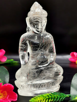 Clear Quartz/Clear Crystal Buddha - handmade carving of serene and meditating Lord Buddha - crystal/reiki/healing - 6 inches and 490 gms