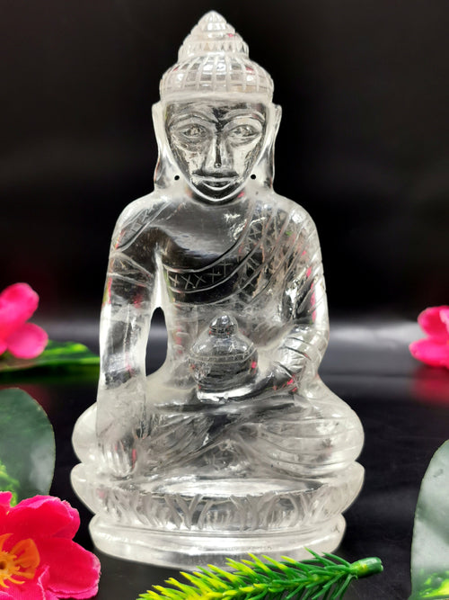 Clear Quartz/Clear Crystal Buddha - handmade carving of serene and meditating Lord Buddha - crystal/reiki/healing - 6 inches and 490 gms