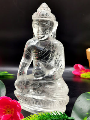 Clear Quartz/Clear Crystal Buddha - handmade carving of serene and meditating Lord Buddha - crystal/reiki/healing - 6 inches and 490 gms