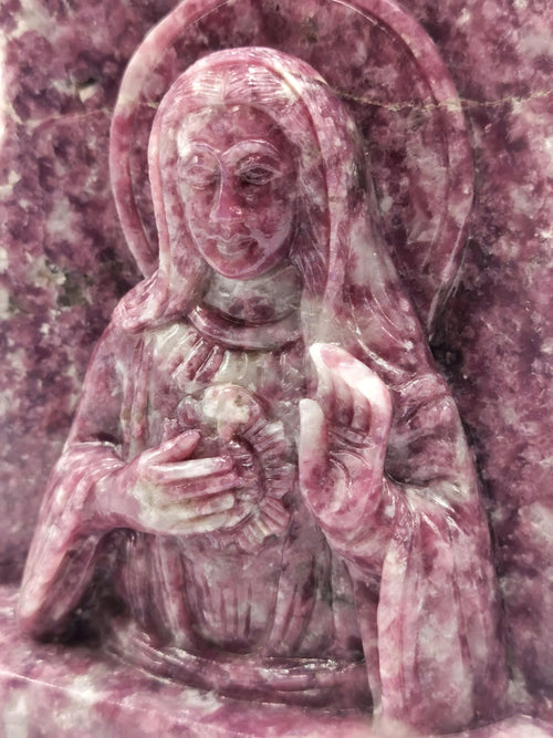 Mother Mary beautiful carving in natural lepidolite stone | hand carved in gemstones | crystal/reiki - 8 inches and 3.19 kgs (7.02 lb)