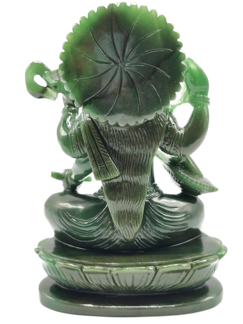 Exquisite Saraswati carving in Columbian jade stone - Goddess of Learning idol/statue in gemstones and crystals -5.5 in and 640 gm (1.41 lb)