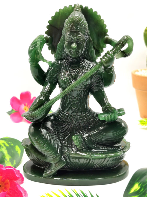 Exquisite Saraswati carving in Columbian jade stone - Goddess of Learning idol/statue in gemstones and crystals -5.5 in and 640 gm (1.41 lb)