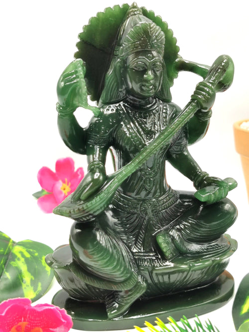 Exquisite Saraswati carving in Columbian jade stone - Goddess of Learning idol/statue in gemstones and crystals -5.5 in and 640 gm (1.41 lb)