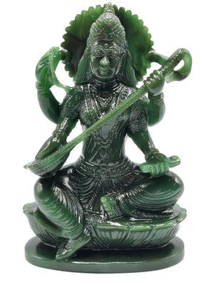 Exquisite Saraswati carving in Columbian jade stone - Goddess of Learning idol/statue in gemstones and crystals -5.5 in and 640 gm (1.41 lb)