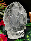 Ganesh statue in Clear Quartz Handmade Carving - Ganesha Idol |Sculpture in Crystals and Gemstones - 5 inches and 840 gms (1.85 lb)