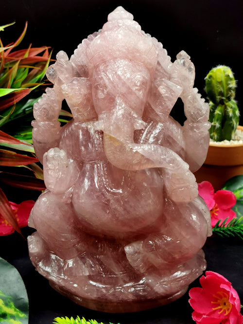Ganesh Carving Handmade in Rose Quartz -Lord Ganesha Idol |Sculpture in Crystals and Gemstones -Reiki/Chakra/Healing - 7.5 inch and 2.34 kgs