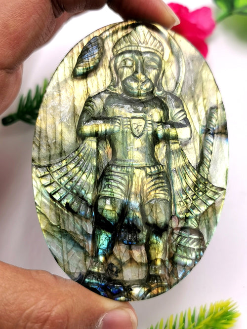 Labradorite Plate Carving of Lord Hanuman with golden flash | Bajrang Bali statue | Reiki/Chakra/Healing in gemstone and crystals - 3.5 in