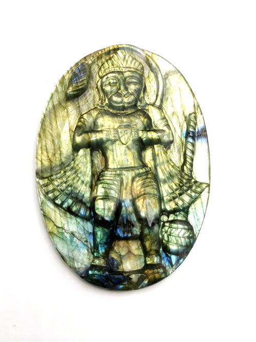 Labradorite Plate Carving of Lord Hanuman with golden flash | Bajrang Bali statue | Reiki/Chakra/Healing in gemstone and crystals - 3.5 in