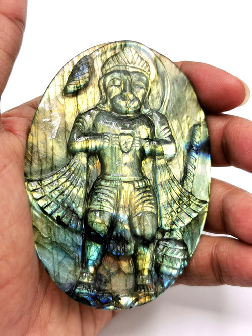 Labradorite Plate Carving of Lord Hanuman with golden flash | Bajrang Bali statue | Reiki/Chakra/Healing in gemstone and crystals - 3.5 in