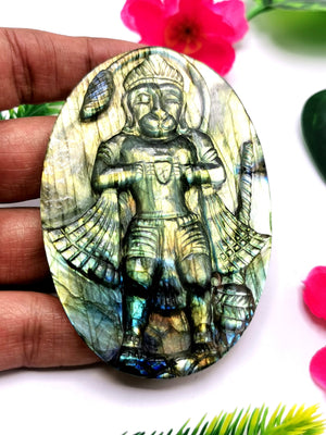 Labradorite Plate Carving of Lord Hanuman with golden flash | Bajrang Bali statue | Reiki/Chakra/Healing in gemstone and crystals - 3.5 in