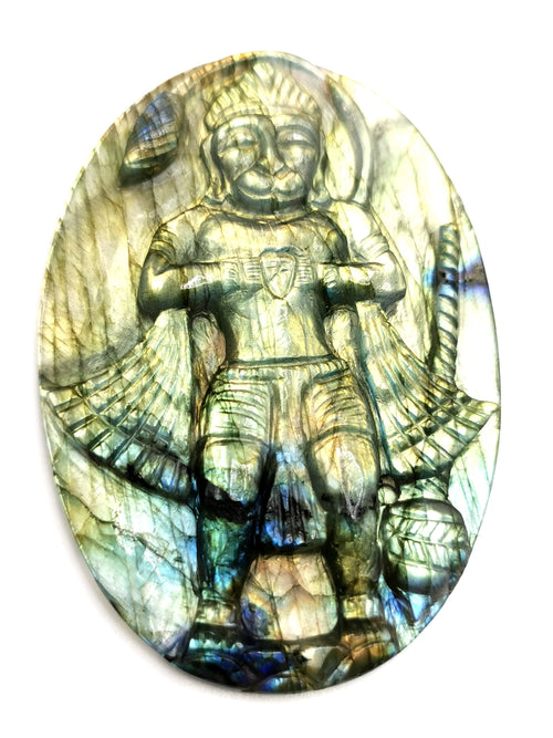 Labradorite Plate Carving of Lord Hanuman with golden flash | Bajrang Bali statue | Reiki/Chakra/Healing in gemstone and crystals - 3.5 in