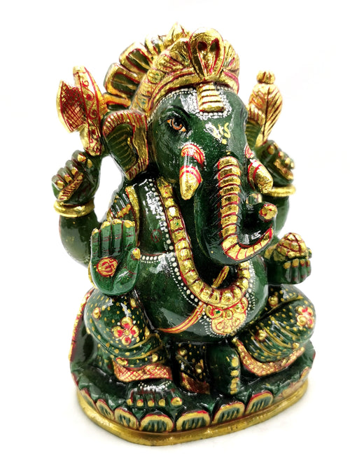 Green Aventurine Handmade Carving of Ganesh - Handpainted Lord Ganesha Idol in Crystals and Gemstones - Reiki/Chakra - 7 inch and 1.96 kg