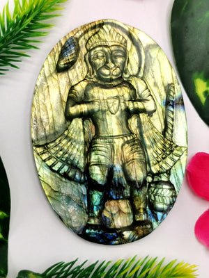 Labradorite Plate Carving of Lord Hanuman with golden flash | Bajrang Bali statue | Reiki/Chakra/Healing in gemstone and crystals - 3.5 in