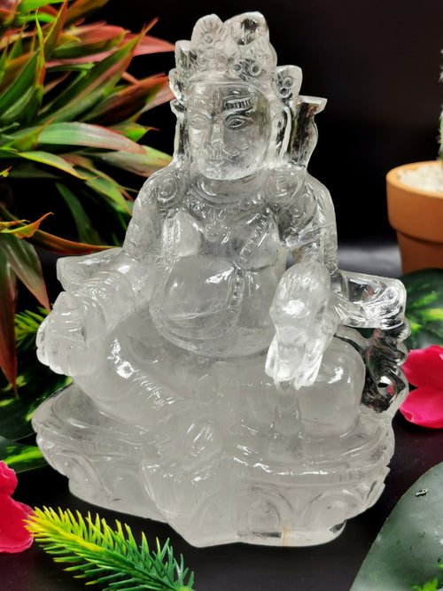 Lord Kuber statue in Clear Quartz Handmade Carving - Kubera Idol |Sculpture in Crystals and Gemstones - 5.5 inches and 810 gms (1.78 lb)
