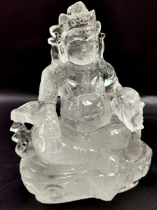 Lord Kuber statue in Clear Quartz Handmade Carving - Kubera Idol |Sculpture in Crystals and Gemstones - 5.5 inches and 810 gms (1.78 lb)