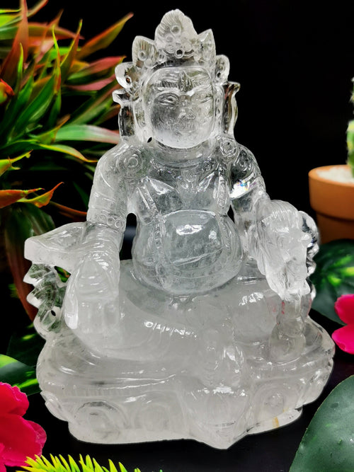 Lord Kuber statue in Clear Quartz Handmade Carving - Kubera Idol |Sculpture in Crystals and Gemstones - 5.5 inches and 810 gms (1.78 lb)
