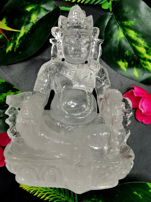 Lord Kuber statue in Clear Quartz Handmade Carving - Kubera Idol |Sculpture in Crystals and Gemstones - 5.5 inches and 810 gms (1.78 lb)