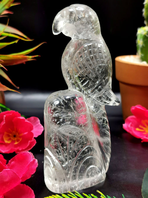 Beautifully hand carved bird carving on natural clear quartz stone - reiki/energy/chakra - 4.5 inches long and 210 gms (0.46 lb)