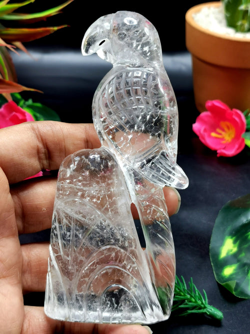 Beautifully hand carved bird carving on natural clear quartz stone - reiki/energy/chakra - 4.5 inches long and 210 gms (0.46 lb)