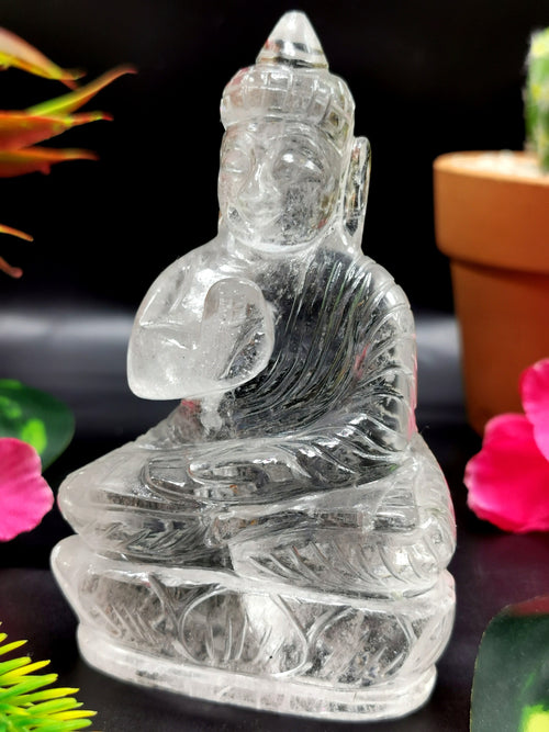 Clear Quartz/Clear Crystal Buddha - handmade carving of serene and meditating Lord Buddha - crystal/reiki/healing - 3.5 inches and 172 gms
