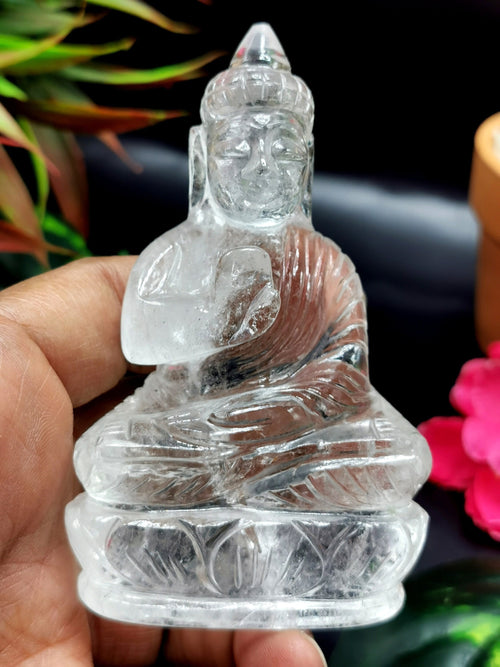 Clear Quartz/Clear Crystal Buddha - handmade carving of serene and meditating Lord Buddha - crystal/reiki/healing - 3.5 inches and 172 gms