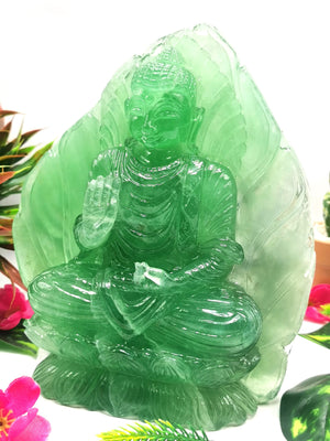 Green Fluorite Buddha - handmade carving of serene and meditating Lord Buddha - crystal/reiki/healing - 8.2 inches and 3.15 kgs (6.93 lb)