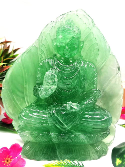 Green Fluorite Buddha - handmade carving of serene and meditating Lord Buddha - crystal/reiki/healing - 8.2 inches and 3.15 kgs (6.93 lb)
