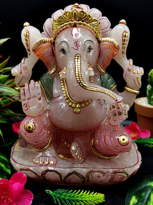 Rose Quartz Handmade Carving of Ganesh with handpainting - Lord Ganesha idol in Crystals and Gemstones - Reiki/Chakra - 8 inches and 3.97 kg