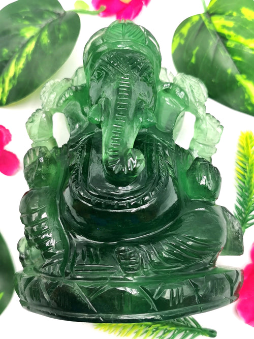 Green Fluorite Handmade Carving of Ganesh - Lord Ganesha Idol/Sculpture in Crystals and Gemstones - Reiki/Chakra - 5.5 inch and 1.43 kg