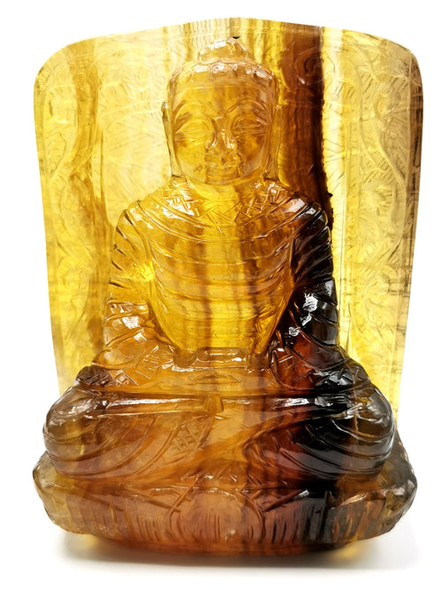 Fluorite Buddha - handmade carving of serene and meditating Lord Buddha in gemstones & crystal - 5.2 inches and 1.21 kgs (2.66 lb)