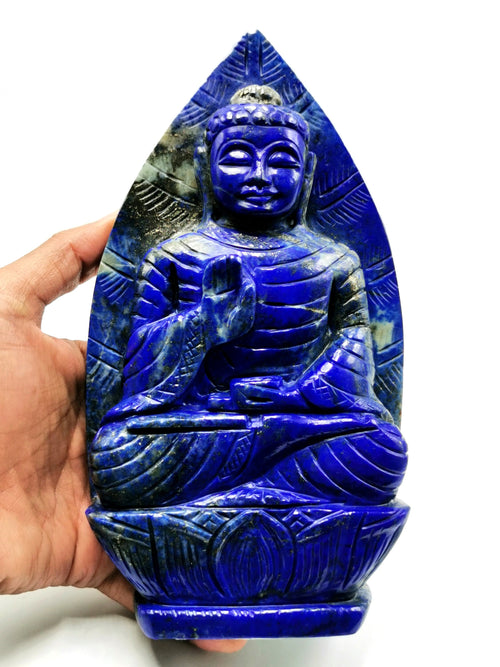 Lapis Lazuli Buddha - handmade carving of serene and meditating Lord Buddha in crystal - reiki/healing - 8 inches and 1.23 kgs (2.71 lb)