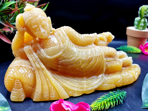 Yellow Calcite Buddha in parinirvana position - handmade carving of serene Lord Buddha - crystal/reiki/healing - 9 inches and 2.2 kgs