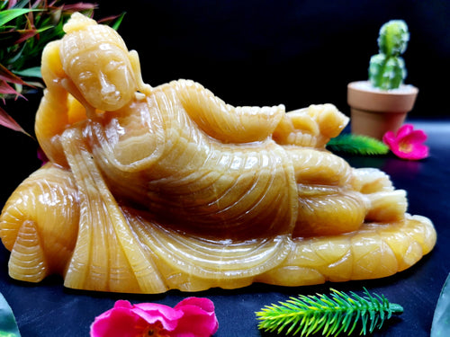 Yellow Calcite Buddha in parinirvana position - handmade carving of serene Lord Buddha - crystal/reiki/healing - 9 inches and 2.2 kgs