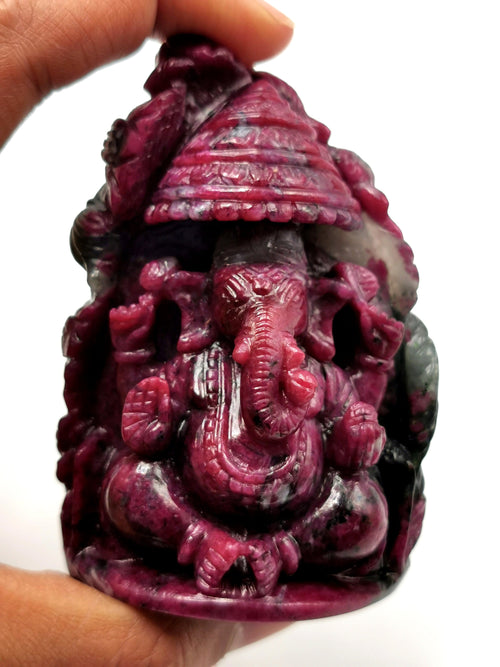 Ruby Ziosite Handmade Carving of Ganesh - Lord Ganesha Idol | Figurine in Crystals and Gemstones - 3.2 inches and 1290 carats
