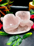 Rose quartz tea set - exquisite carving of a set of 2 heart-shaped tea cups and a tray in rose quartz - crystal and gemstone carvings