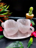 Rose quartz tea set - exquisite carving of a set of 2 heart-shaped tea cups and a tray in rose quartz - crystal and gemstone carvings