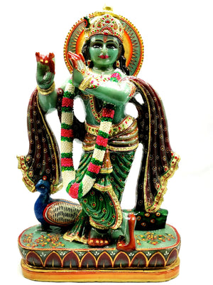 Majestic Green Aventurine Handmade Carving of Krishna - Lord Krishna Idol/Murti in Crystals - Reiki/Chakra - 16 inches and 9.2 kg (20.2 lb)