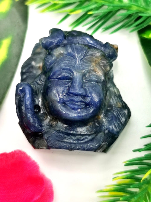 Miniature Shiva Head carving in Blue Sapphire - Lord Shivshankar in crystals and gemstones |Reiki/Chakra/Healing - 1.3 in and 190 carats